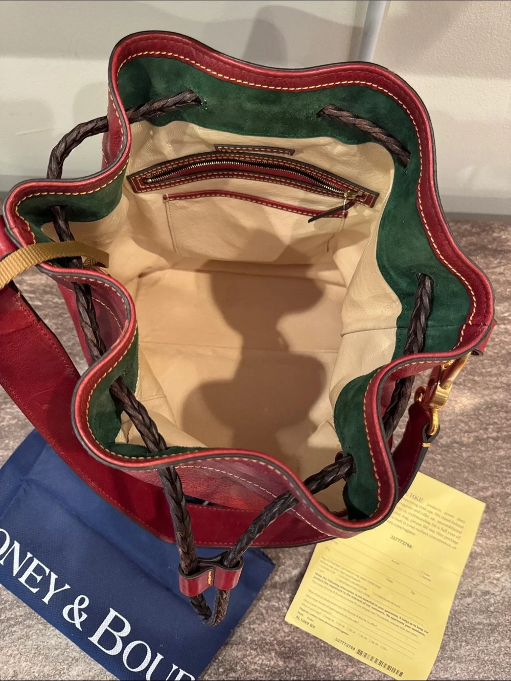 Dooney & Bourke Red Leather Drawstring Hobo with Gold-Tone Hardware
